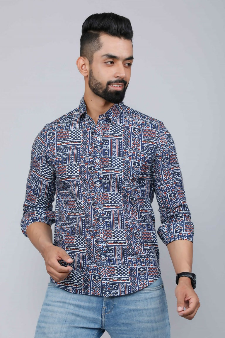 Miravan Men's Blue Floral Print Long Sleeve Casual Shirt | Grocsy