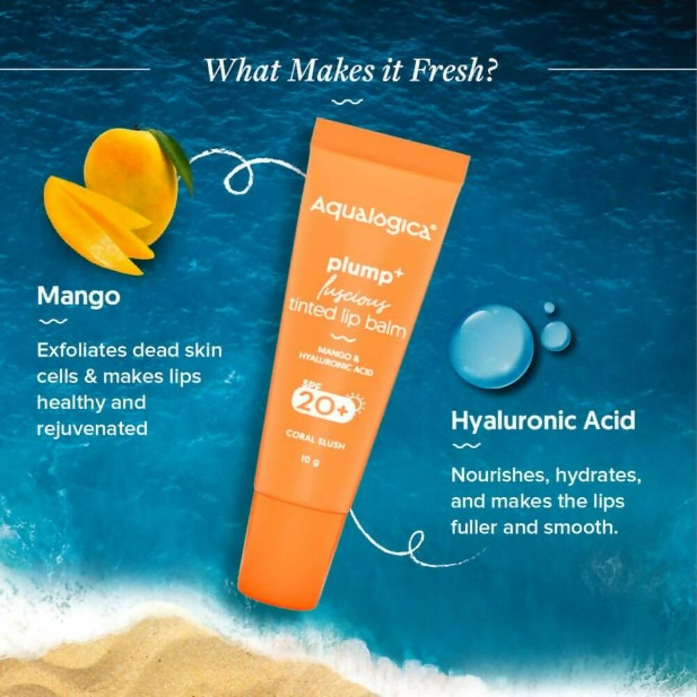 Aqualogica Coral Slush Plump+ Luscious Tinted Lip Balm with Mango and Hyaluronic Acid, SPF 20+ | Grocsy