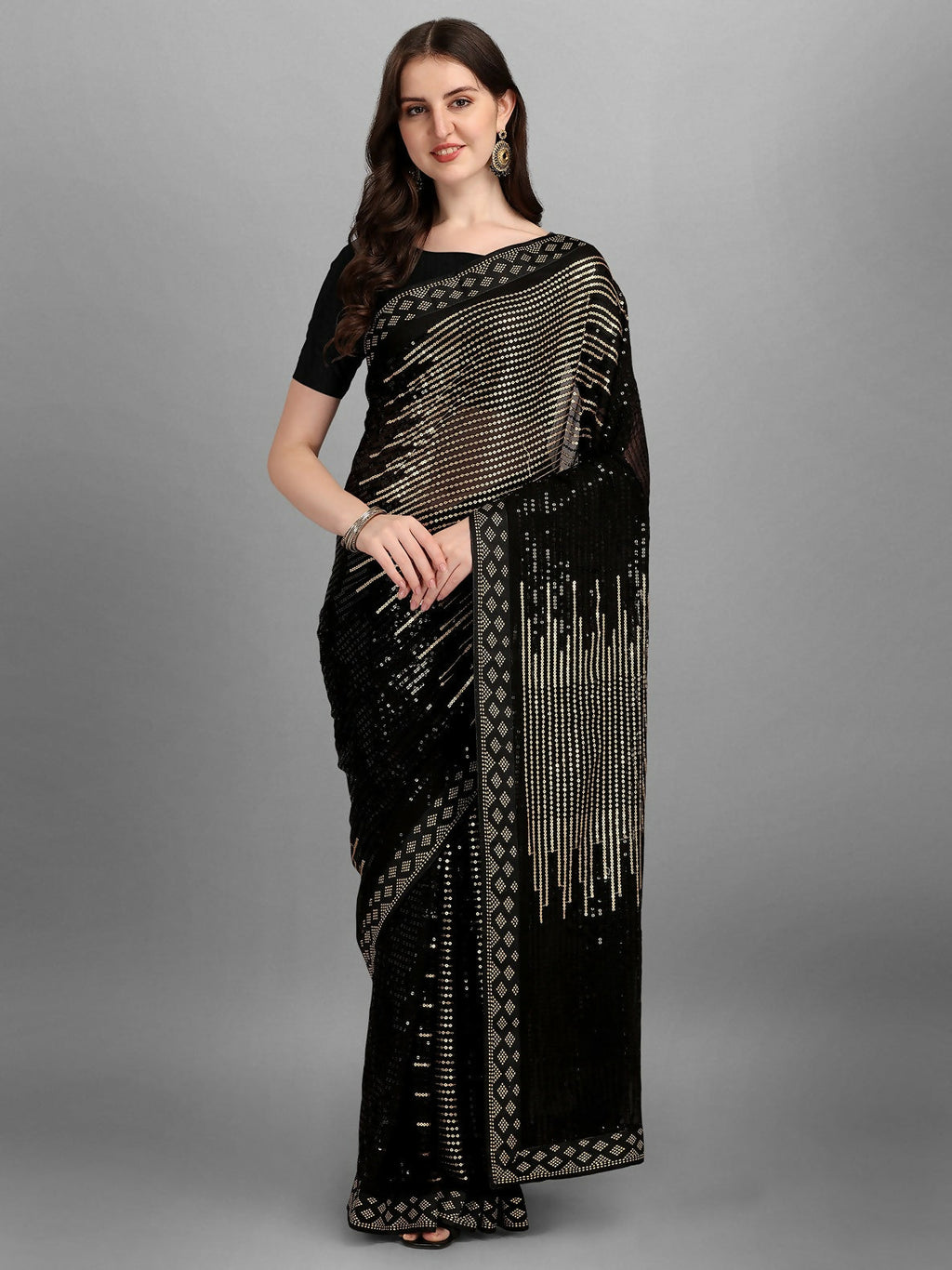 Vegaa Fashion Black Georgette Embroidered Party Wear Saree | Grocsy
