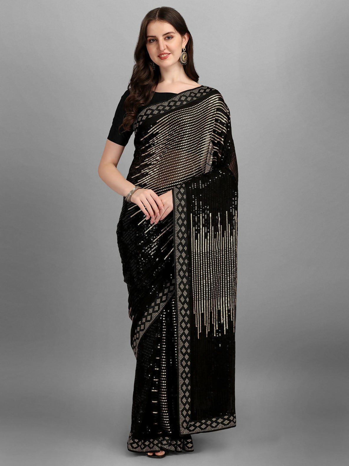 Vegaa Fashion Black Georgette Embroidered Party Wear Saree | Grocsy