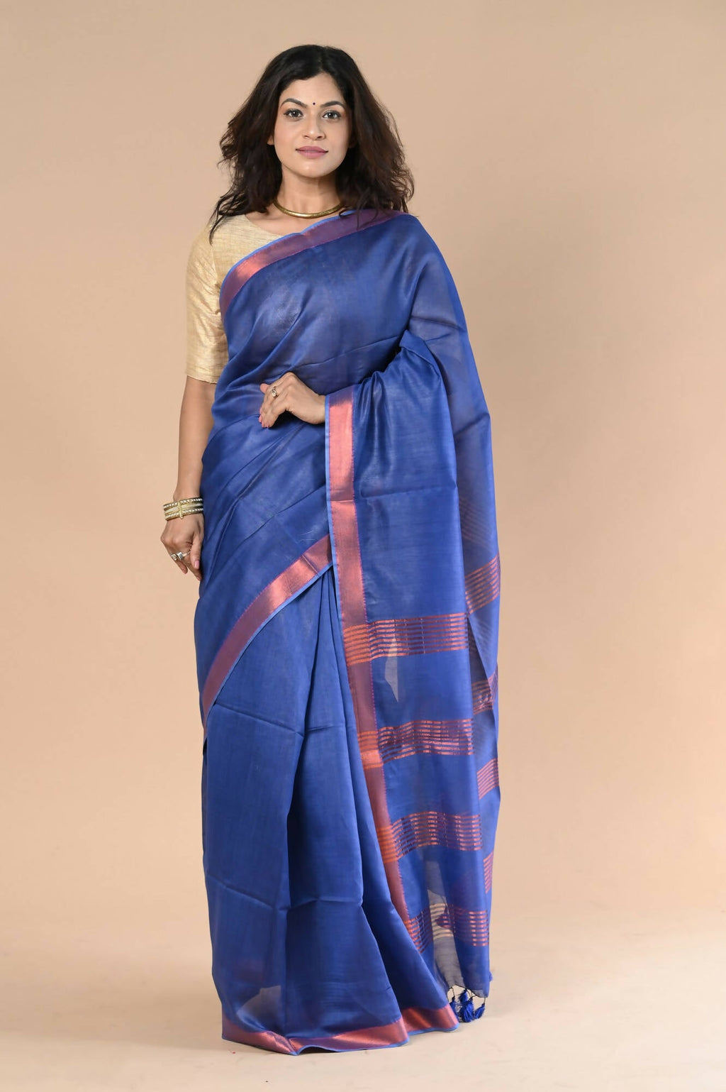 Very Much Indian Handloom Cotton Silk Maheshwari Saree With Sleek Golden Border - Purple Blue | Grocsy