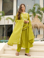 The52 Lemons Women's Gorgeous Chinon Embroidered Flared Kurta with Pant And Dupatta Set | Grocsy