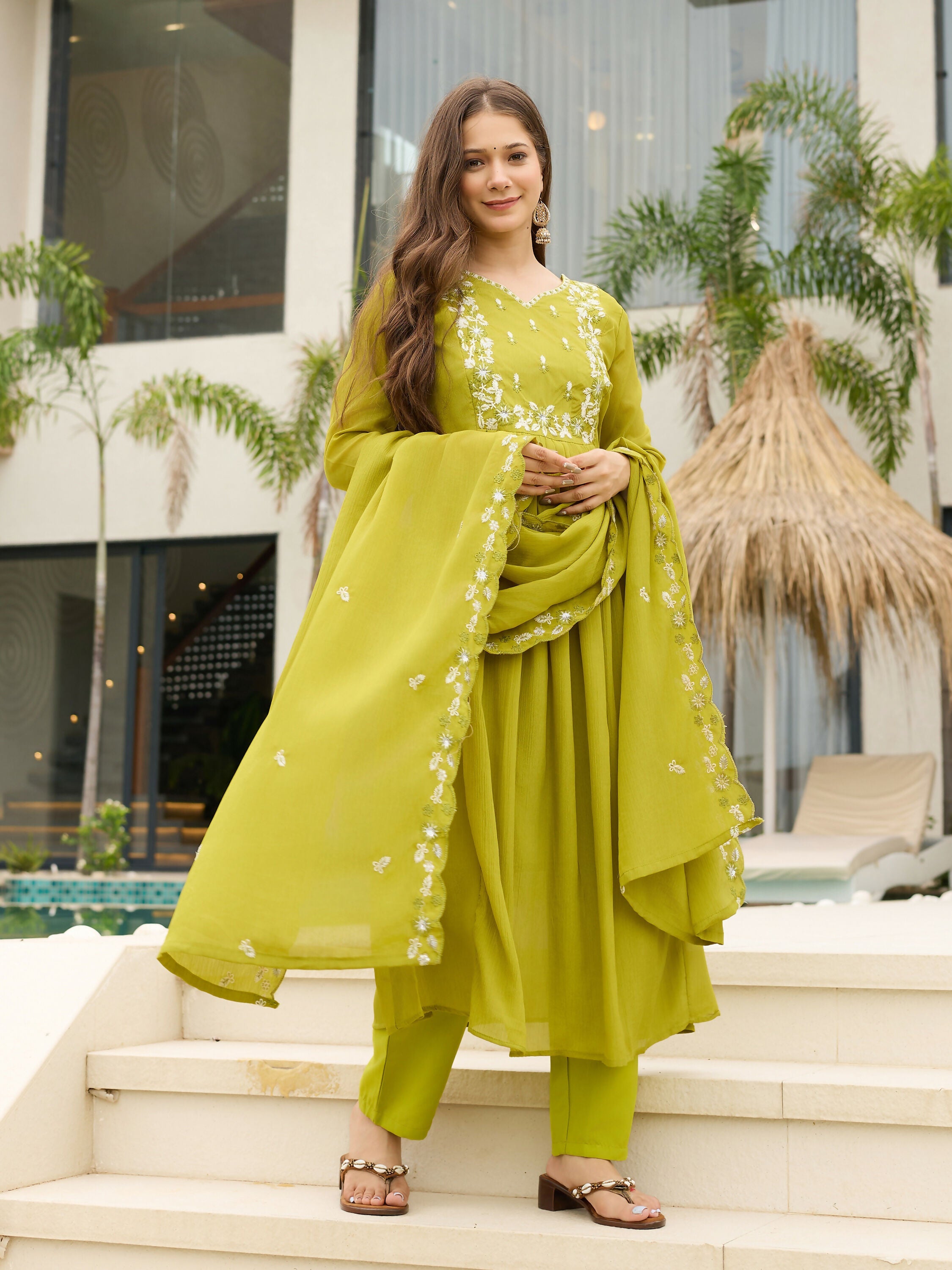 The52 Lemons Women's Gorgeous Chinon Embroidered Flared Kurta with Pant And Dupatta Set | Grocsy