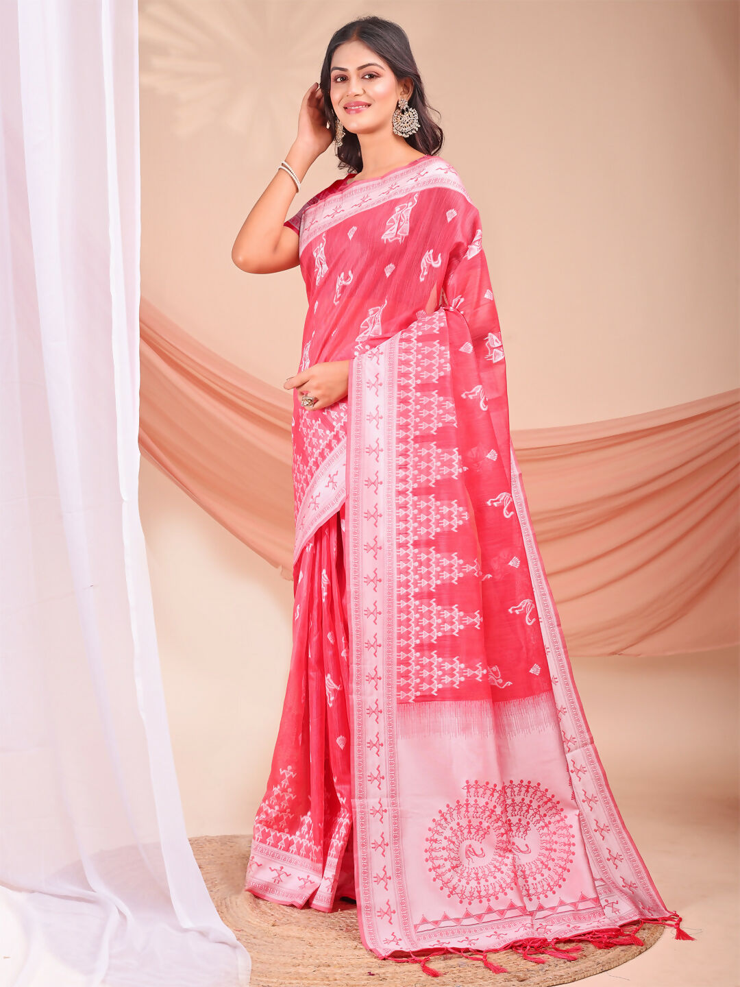 Shree Shyam Fashion Varnika Pink Linen Cotton Saree | Grocsy