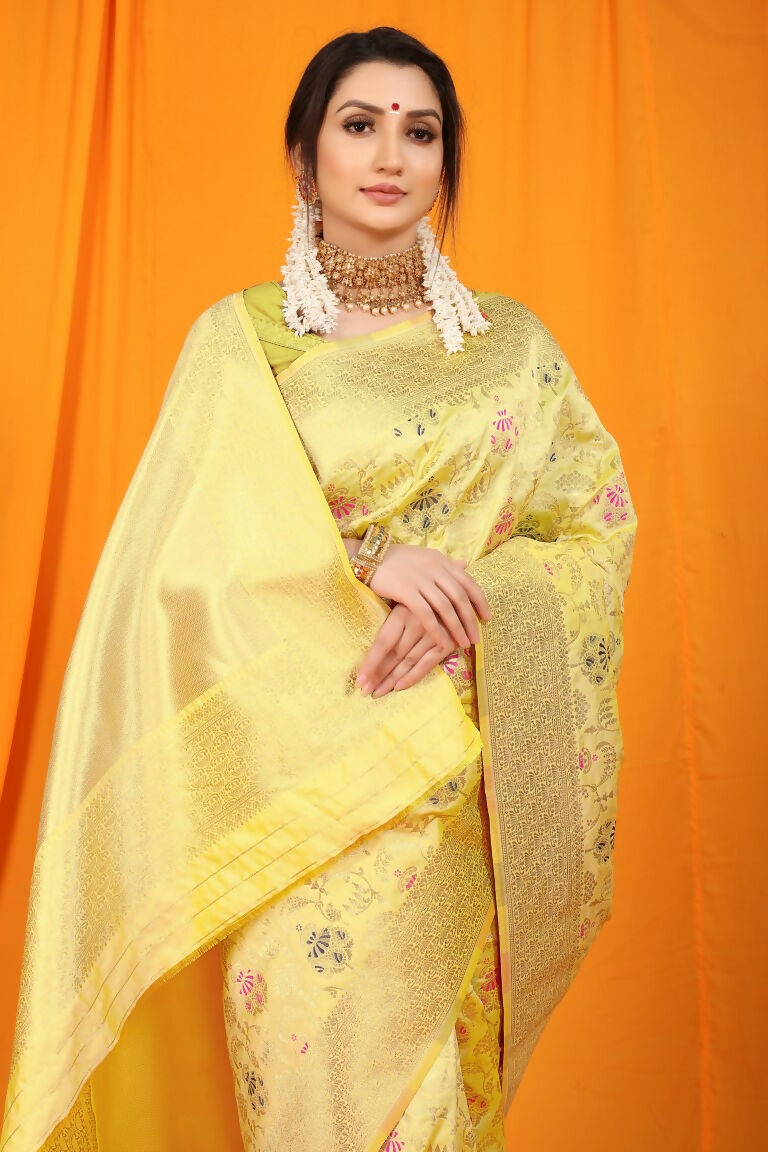 Jyoti Fashion Women's Cream Kanjivaram Silk Zari Woven Saree with Blouse | Grocsy