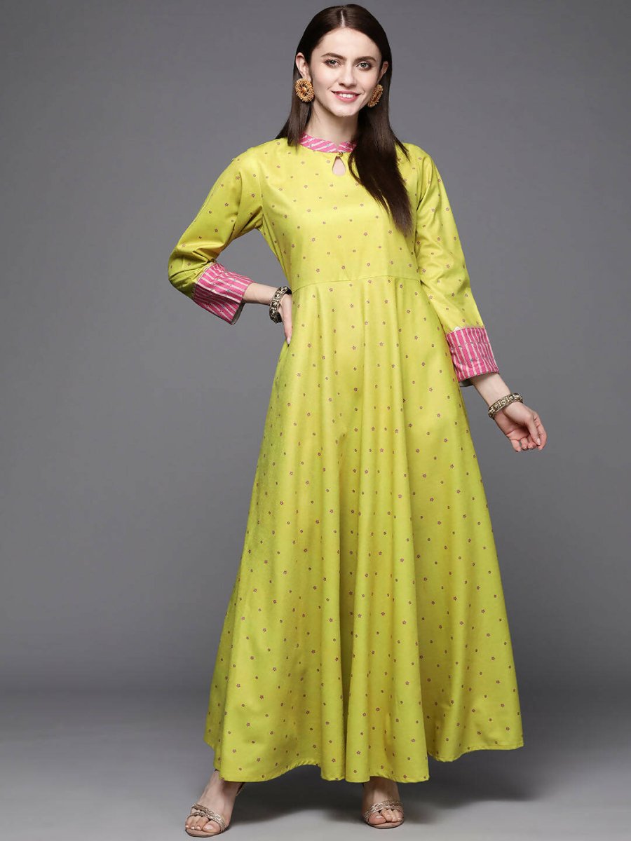 Ahalyaa Women Lime Yellow & Pink Printed Pleated A-Line Maxi Ethnic Dress | Grocsy