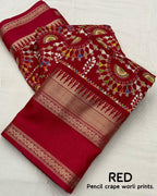 Red Cotton Blend Ethnic Motifs Saree with Unstitched Blouse - A2M | Grocsy