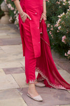 The52 Red Women's Gorgeous Embroidered Rayon Slub Fabric Straight Kurta Pant with Dupatta Set | Grocsy