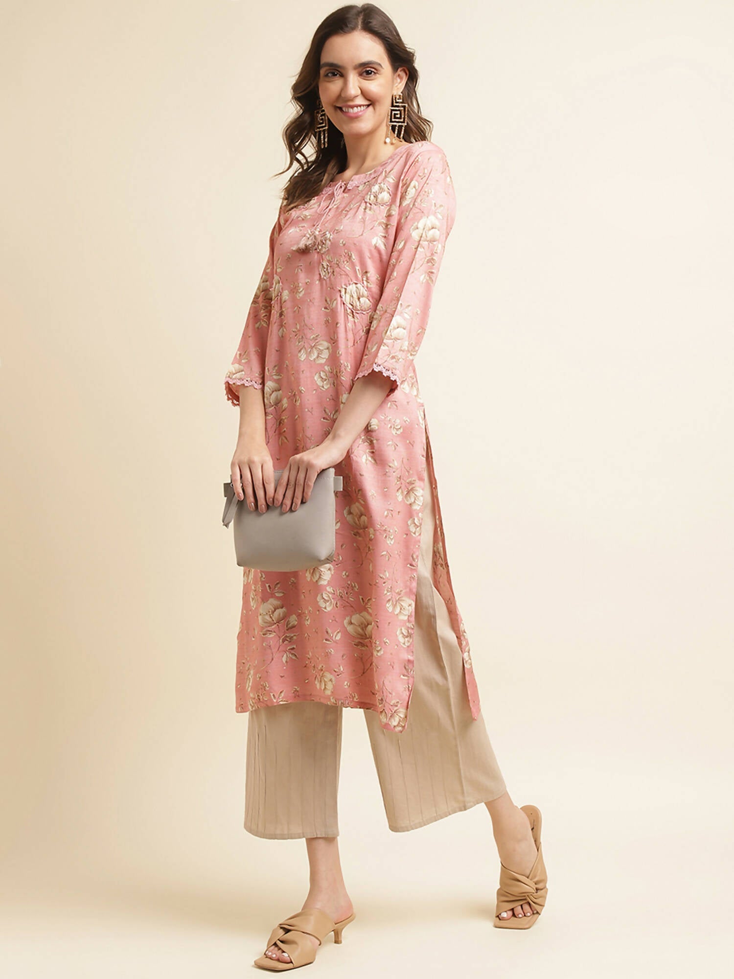 Pink Poly Rayon Floral Printed Straight Kurta - Prasuti | Grocsy