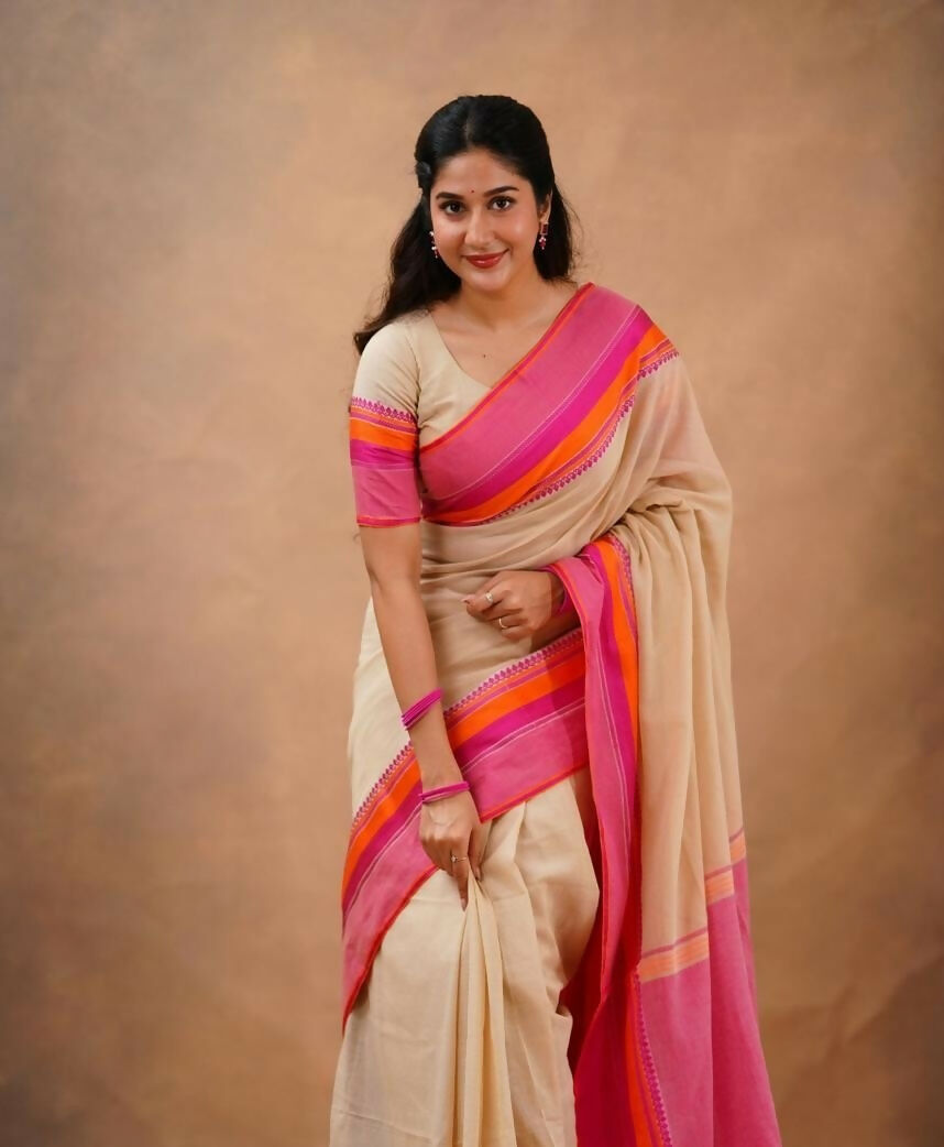 Exclusive Collection Beige Beautiful Khadi Cotton Handloom Saree | Grocsy