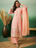 Peach Georgette Handwork Unstitched Dress Material - Hanika | Grocsy