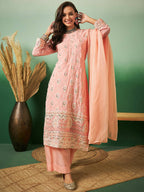 Peach Georgette Handwork Unstitched Dress Material - Hanika | Grocsy
