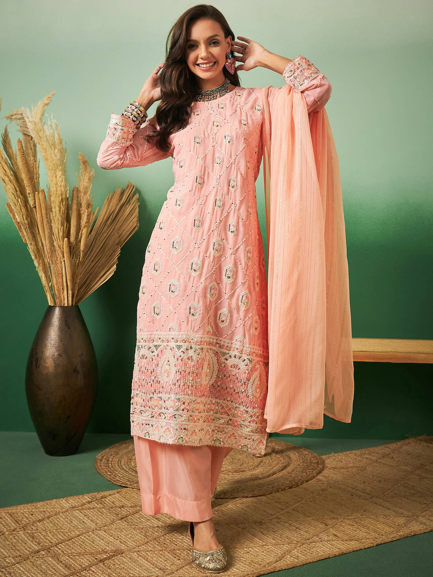 Peach Georgette Handwork Unstitched Dress Material - Hanika | Grocsy