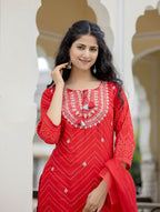 Kaajh Women's Red Embroidered Cotton Kurta Sharara Set With Dupatta | Grocsy
