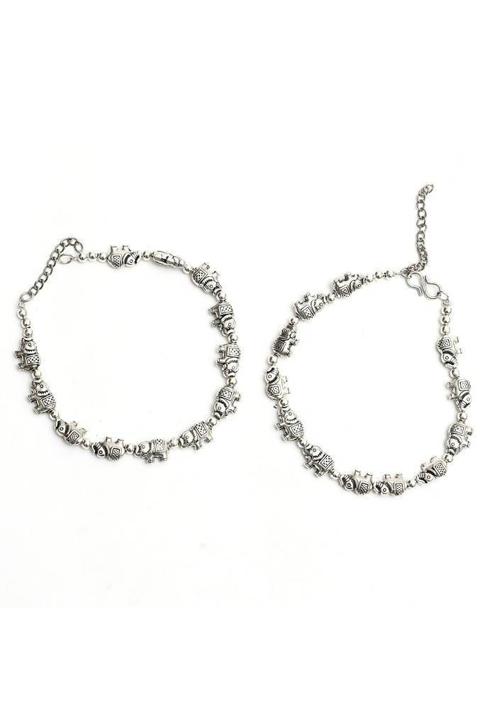 Mominos Fashion Kamal Johar Oxidised Elephant Design Silver Anklets | Grocsy