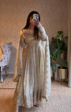 Teeya Creation White Fendy Silk Designer Heavy Work Wedding Wear Long Gown | Grocsy