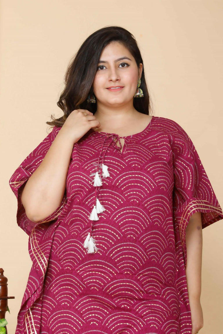 Miravan Women's Plus Size Magenta Bandhani Printed Cotton Kaftan Kurta | Grocsy