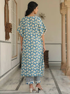 Aramya Kaftan Soft Cotton Floral Print Women's Kurta Set - Blue | Grocsy
