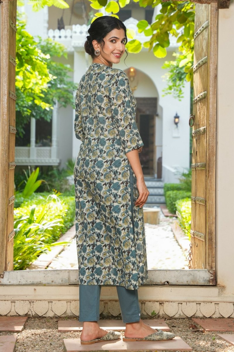 Aramya Straight Soft Cotton Floral Print Women's Kurta Set - Grey | Grocsy