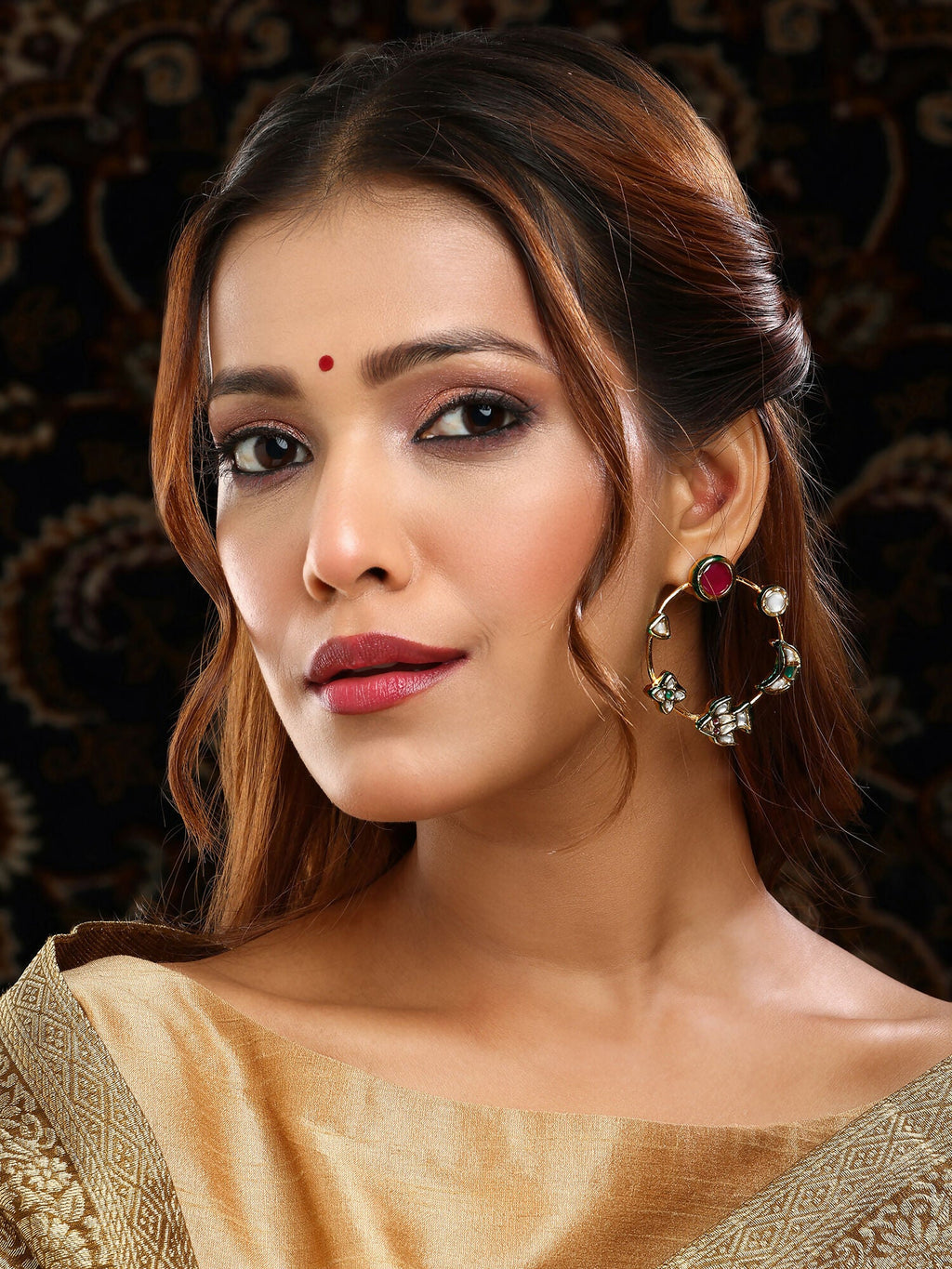 Ruby Raang Gold Polished Kundan Work Multi-Color Round Kundan Earrings | Grocsy