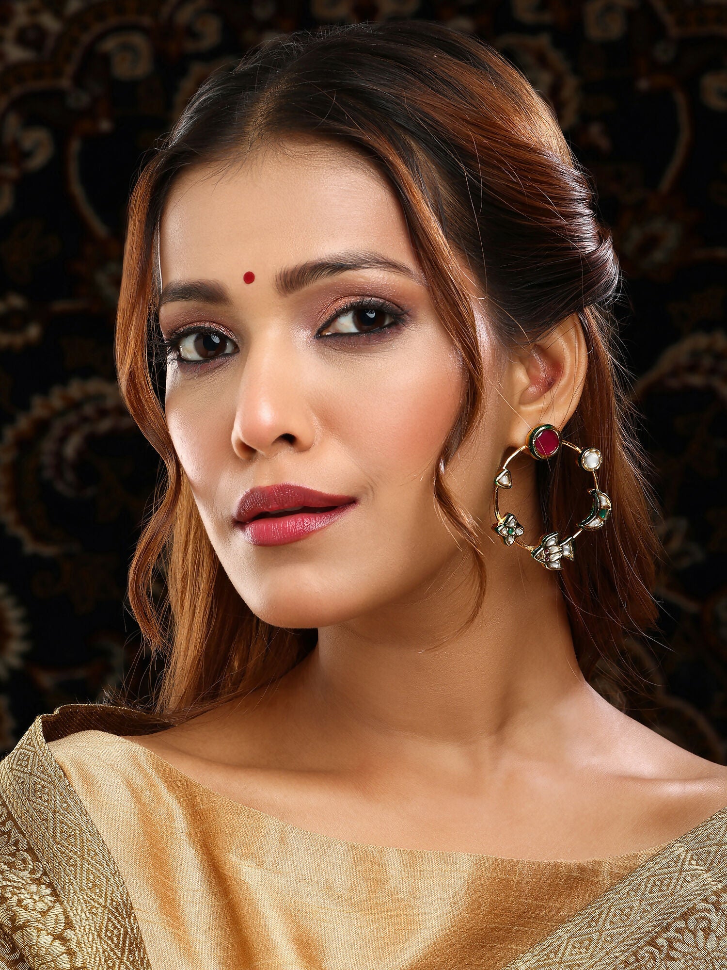Ruby Raang Gold Polished Kundan Work Multi-Color Round Kundan Earrings | Grocsy
