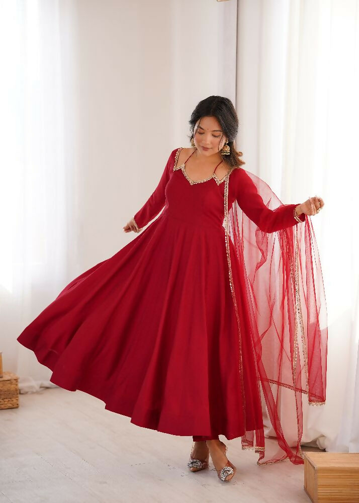 The52 Women's Gorgeous Embroidery Work Roman Silk Chanderi Fabric Flared Anarkali Pant and Dupatta Set | Grocsy