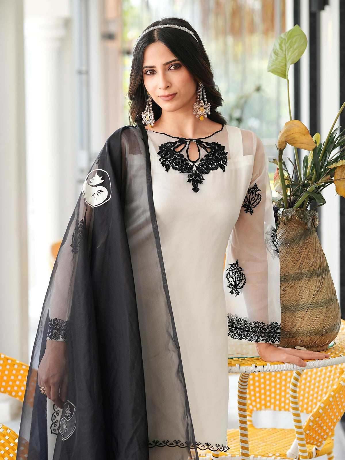 Nikhaar Cream Embroidered Organza Stitched Straight Cut Kurta Farshi Salwar Dupatta Readymade Suit | Grocsy