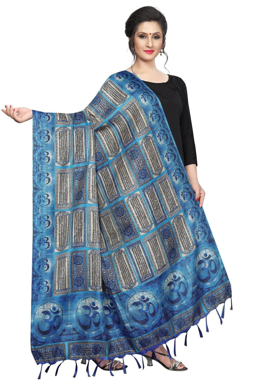 Vamika Blue Printed OM Designed Khadi Bhagalpuri Dupatta | Grocsy