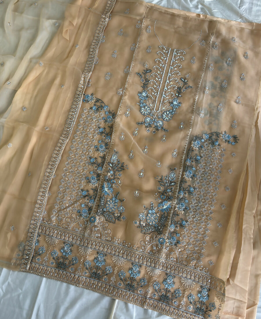 KC Heavy Chiffon Silk Yellow Hand Embroidered Straight Suit For Women Wedding | Grocsy