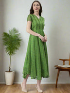 Souchii Green Printed Midi Dress – Flowy Fit & Flare | Grocsy