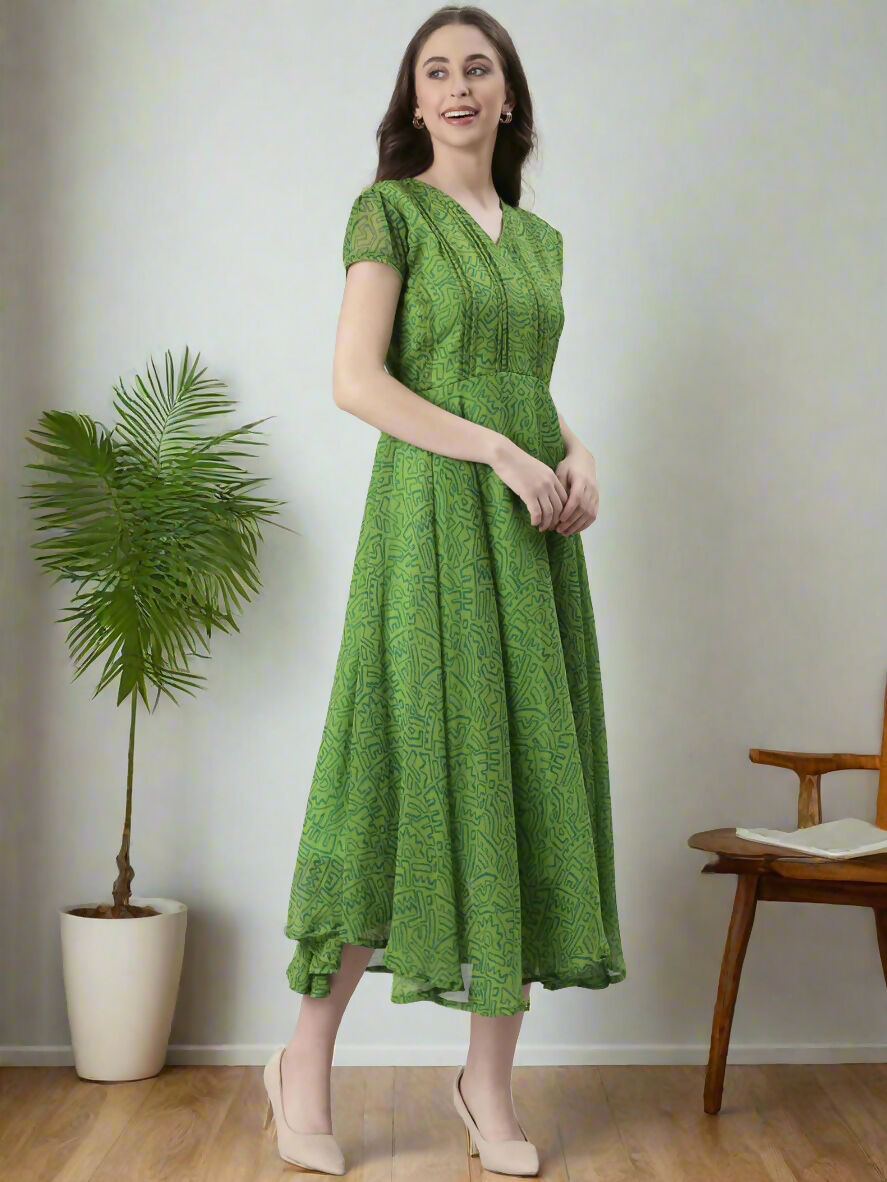Souchii Green Printed Midi Dress – Flowy Fit & Flare | Grocsy