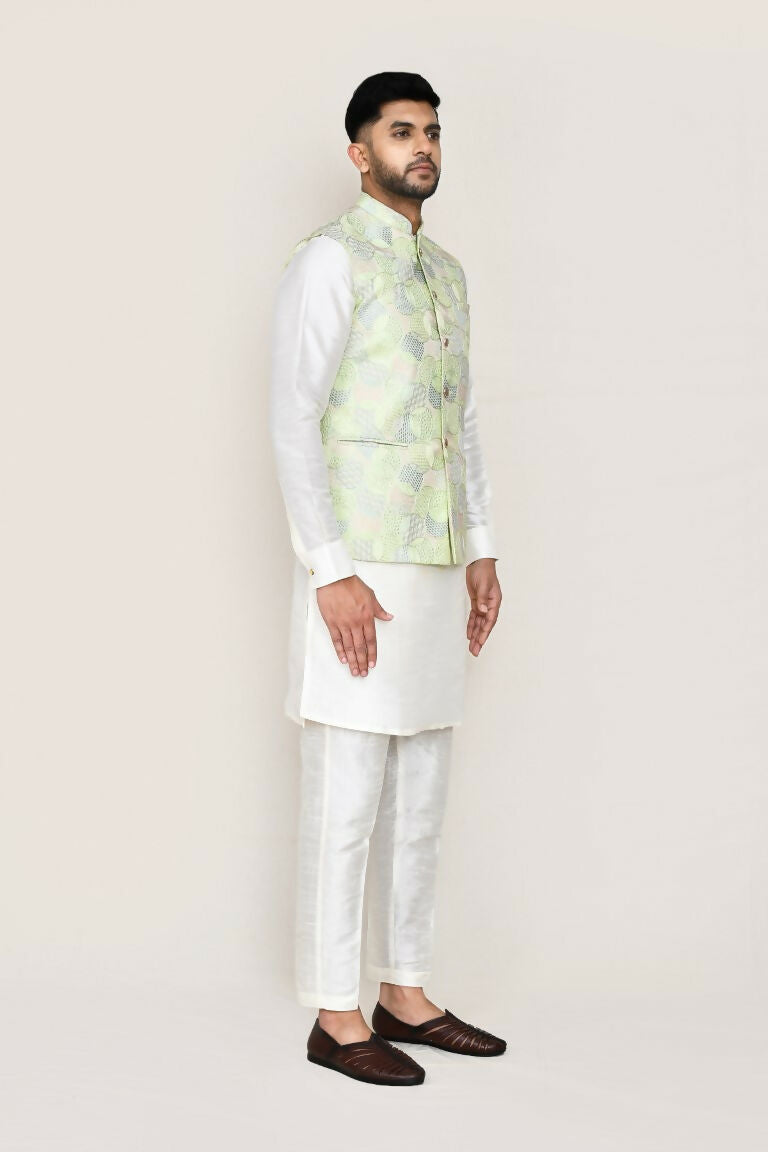 Joban Fashion Green Colored Art Silk Based Full Embroidered Work Men's Jacket | Grocsy