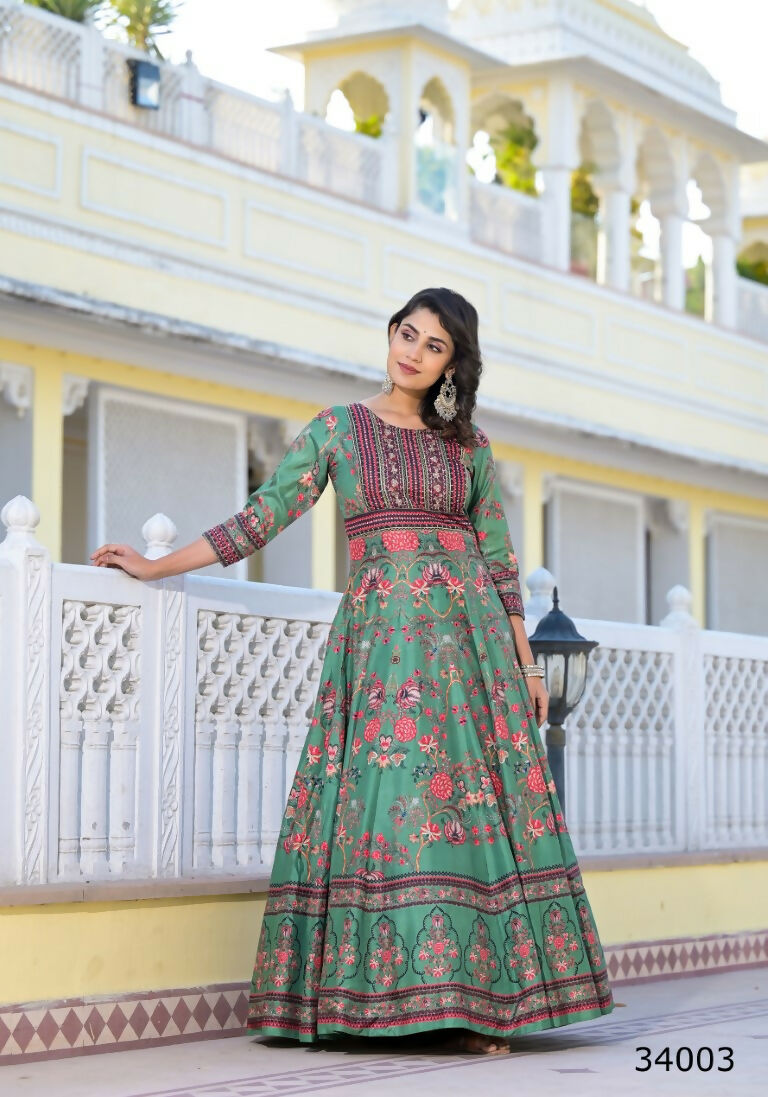 Partywear Designer parrot Dola Silk Anarkali suit with Dupatta - Suzen | Grocsy
