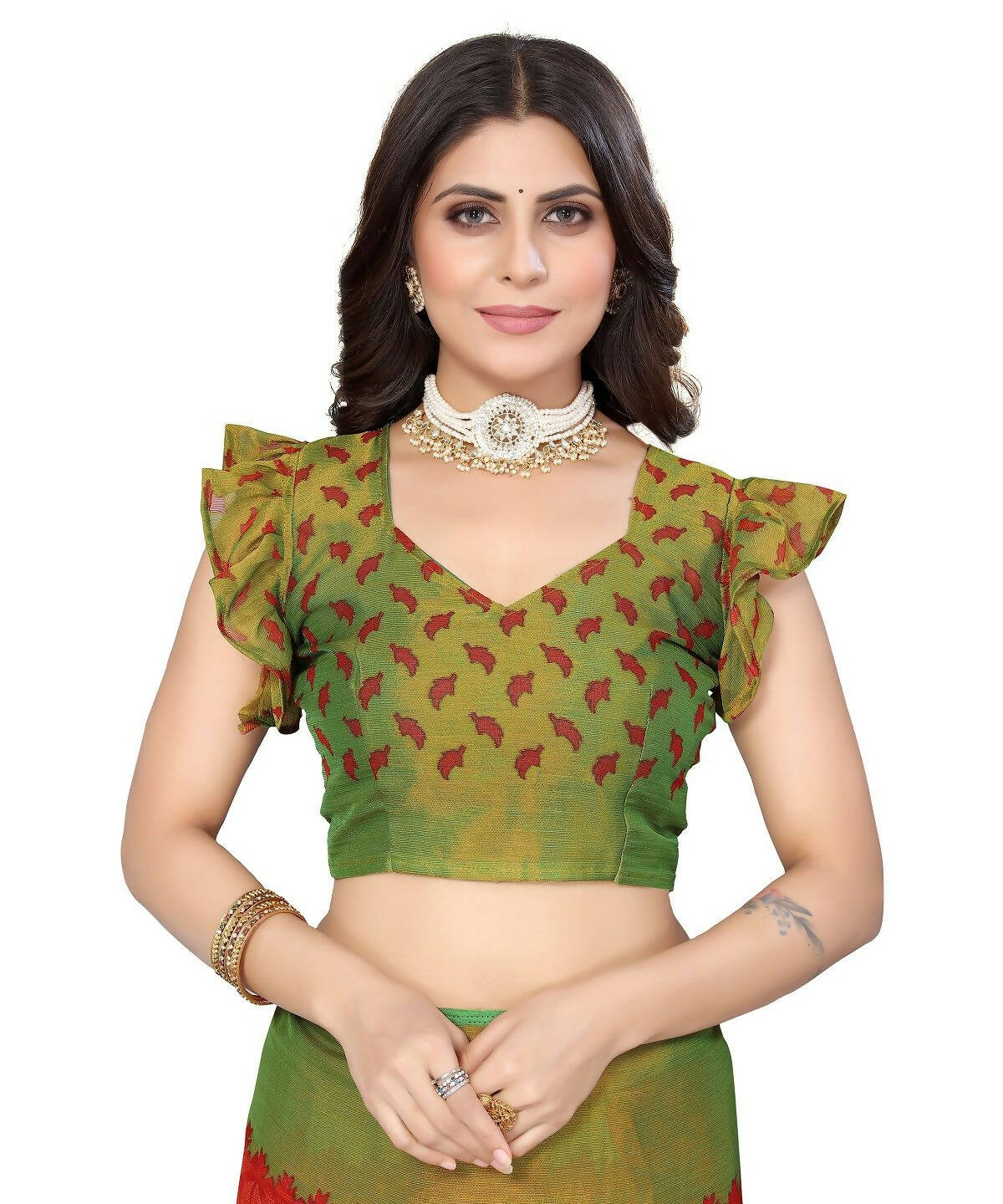 Vamika Red Chiffon Brasso Bollywood Style Woven Saree (ALIZA RED) | Grocsy