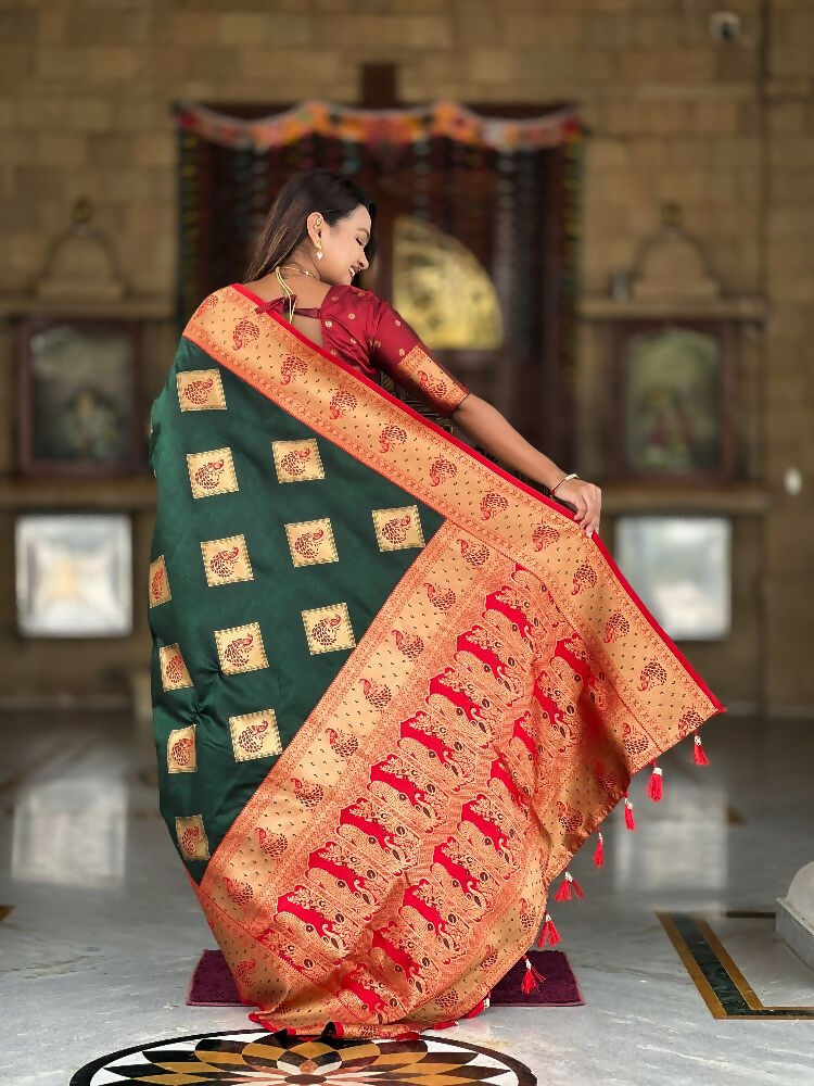 PR Fashion Freen Soft Banarasi Silk With Zari Weaving Meenakari Design Saree | Grocsy