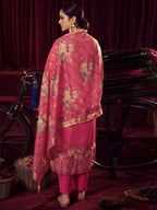 Jyoti Fashion Women's Magenta Organza Jacquard Woven Kurta with Trouser & Dupatta | Grocsy