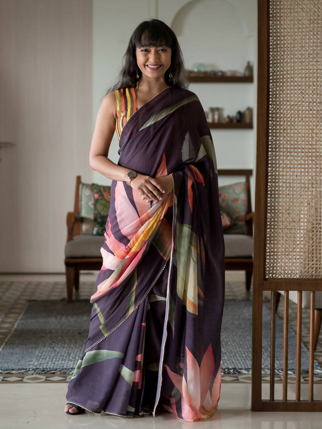 Suta Purple Floral Pure Cotton Saree | Grocsy