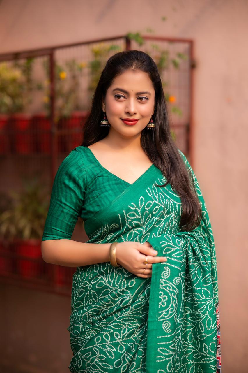 Green Silk Blend Ajrak Saree with Unstitched Blouse - A2M | Grocsy