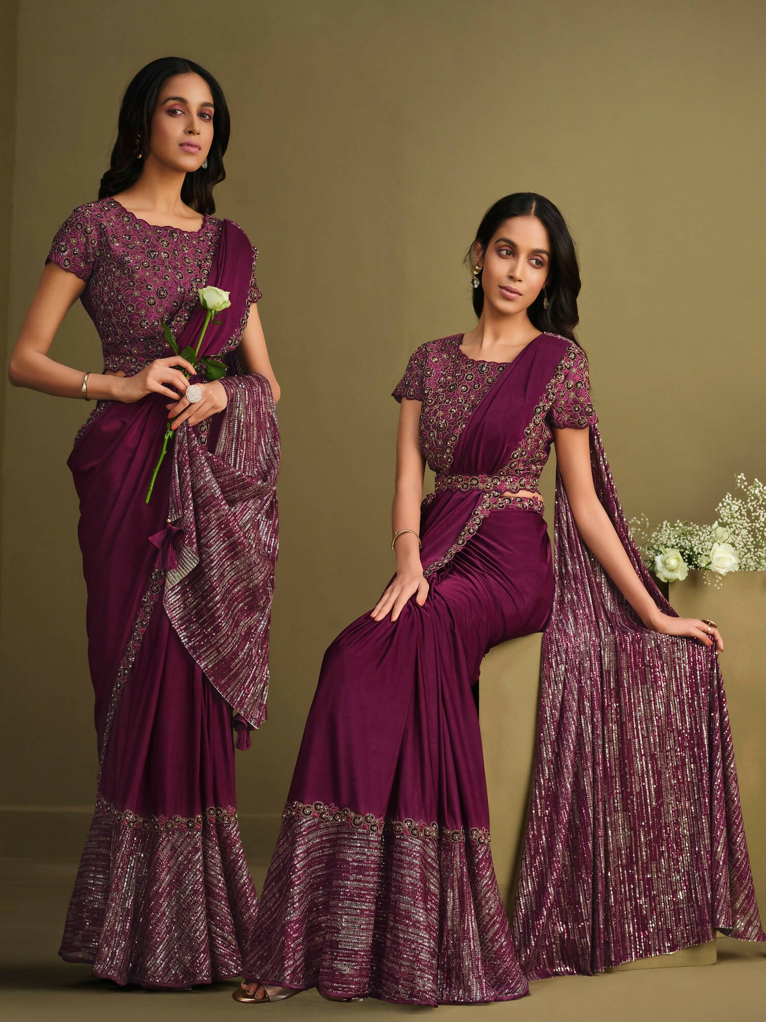 Maroon Crystal Silk Sequence Embroidered Saree With Stitched Blouse - Mohmanthan La Belle | Grocsy