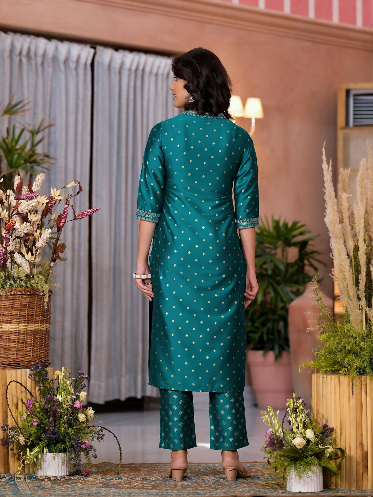 Juniper Women's Rama Green Ethnic Motif Printed Cotton Kurta Pant And Dupatta Set With Zari Work | Grocsy