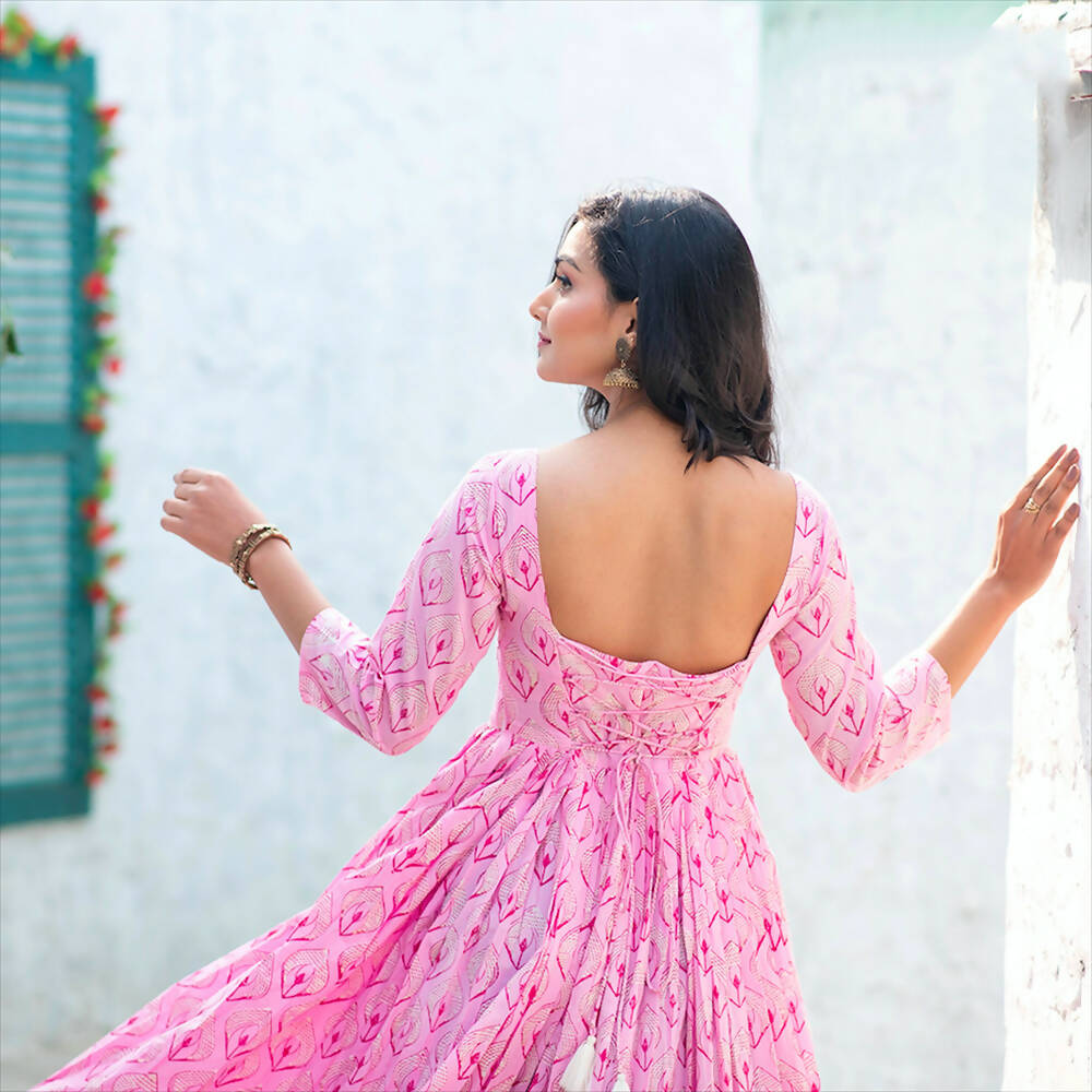 Partywear Designer Digital Printed Light pink Pure Maslin Gown - Anbazaar | Grocsy