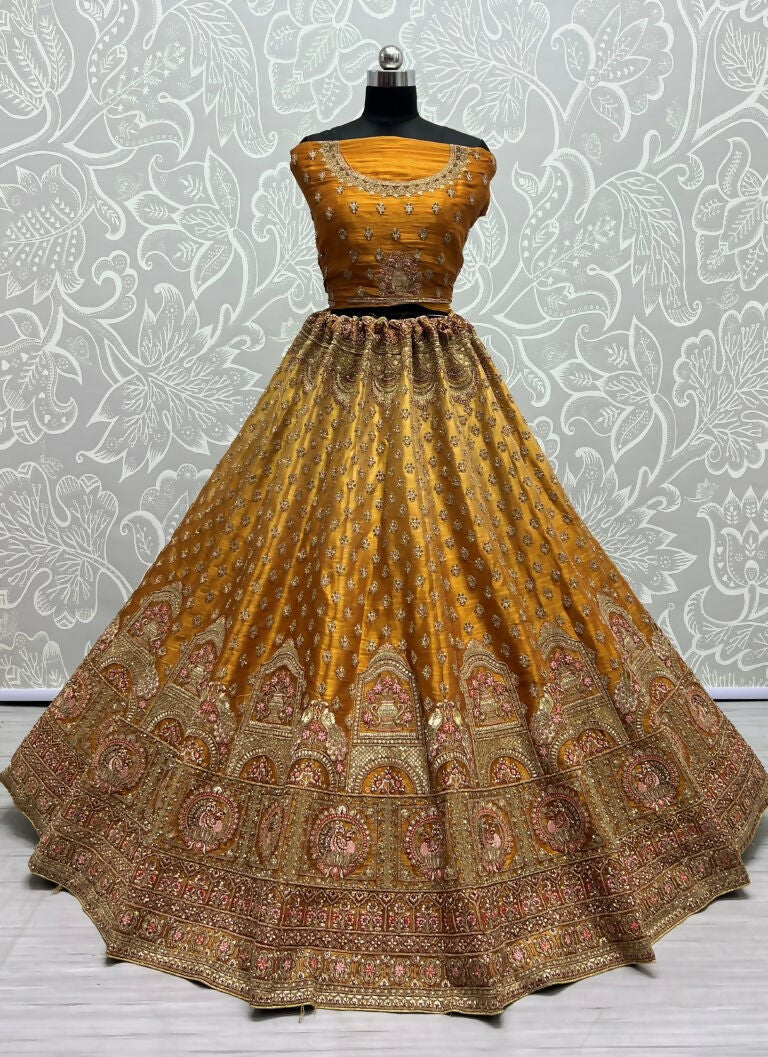 Jyoti Fashion Women's Golden Bridal Net Fancy Dori & Sequins Multi Thread Embroidered with Diamond Work Wedding Lehenga Choli | Grocsy