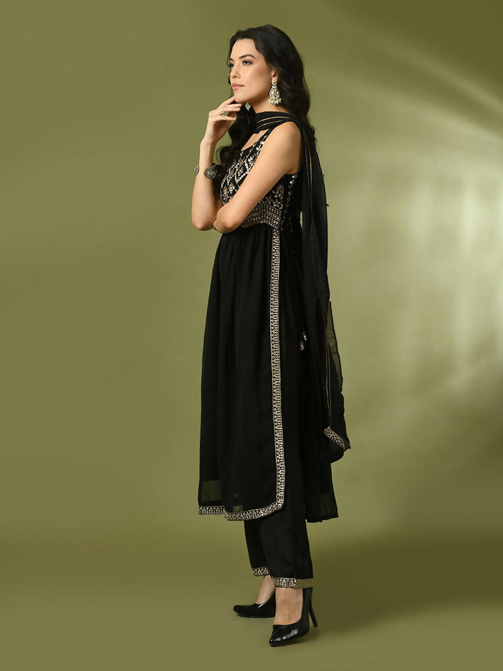 Myshka Women's Black Embroidered Georgette Anarkali Party Kurta Set With Dupatta | Grocsy