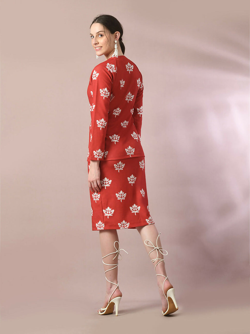 Myshka Women's Rust Printed Round Neck Party Top With Skirt Co-ord set | Grocsy