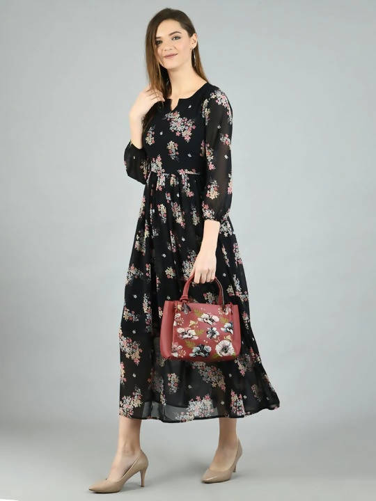 Myshka Women's Black Georgette Printed 3/4 Sleeve Round Neck Casual Dress | Grocsy