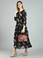 Myshka Women's Black Georgette Printed 3/4 Sleeve Round Neck Casual Dress | Grocsy