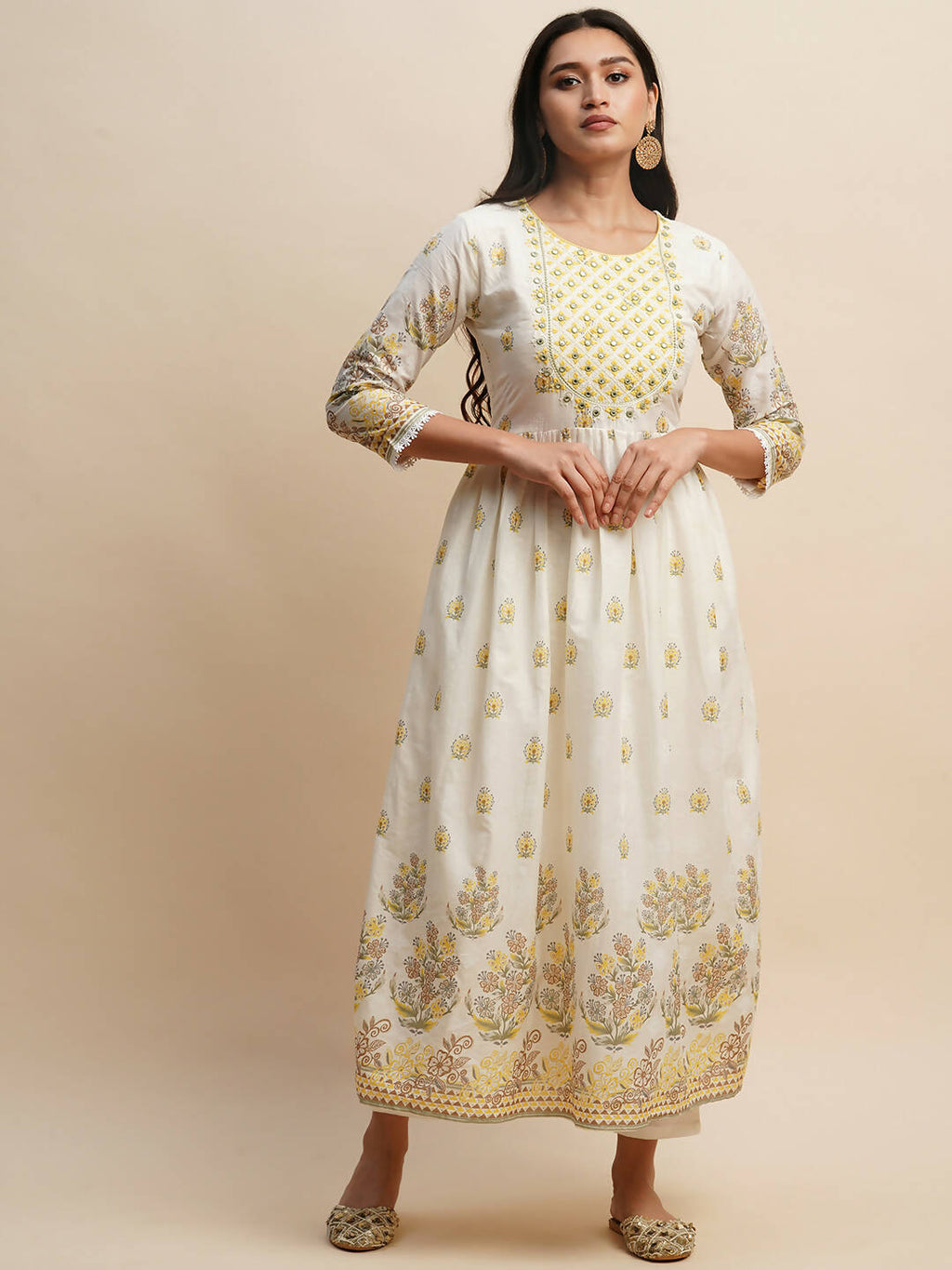White And Yellow Pure Cotton Floral Printed Anarkali Kurta And Bottom With Dupatta - Akashara | Grocsy