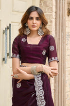 Vastranavya Wine Embroidery Work Shimmer Chiffon Saree with Unstitched Blouse | Grocsy