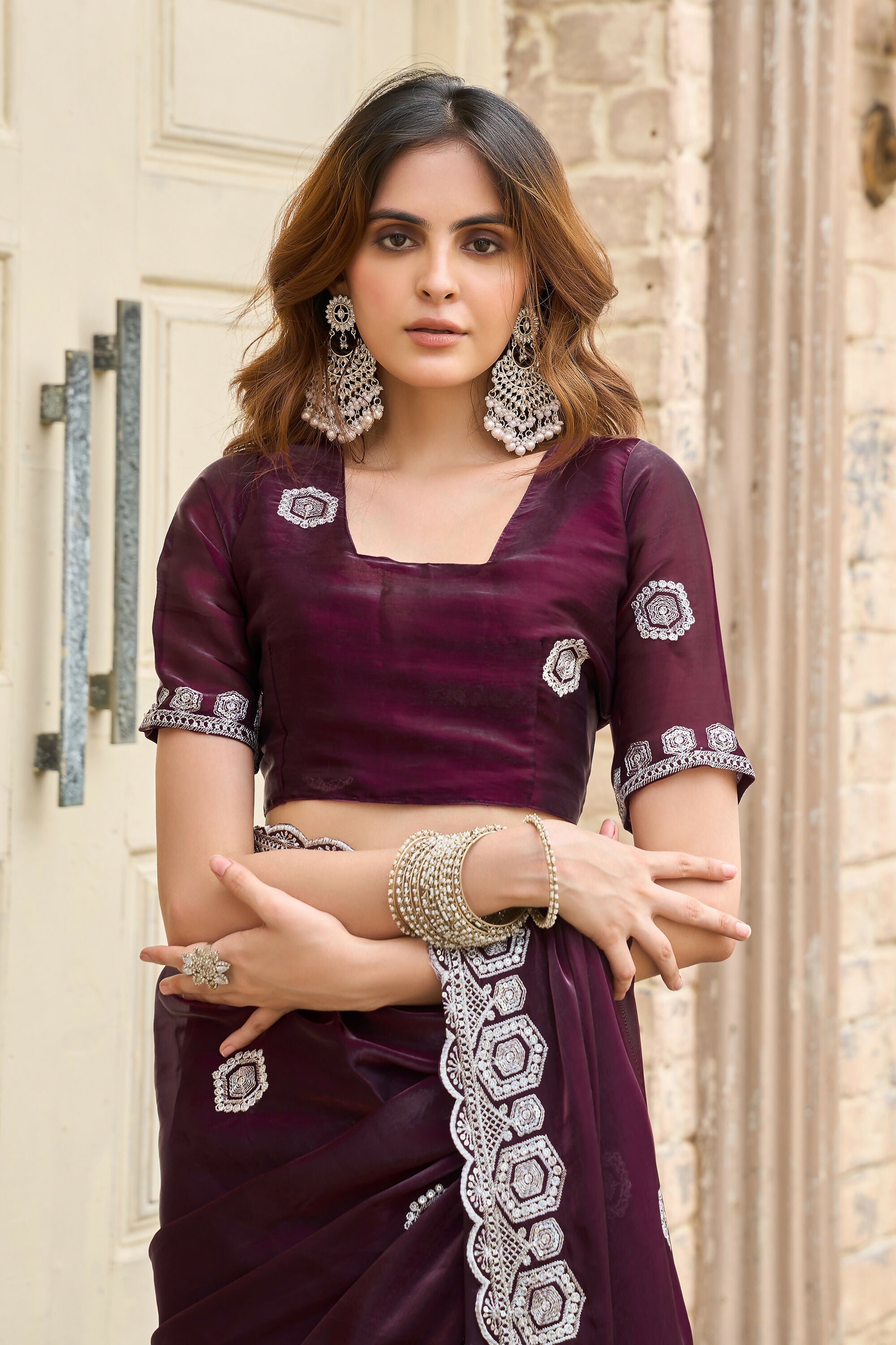 Vastranavya Wine Embroidery Work Shimmer Chiffon Saree with Unstitched Blouse | Grocsy