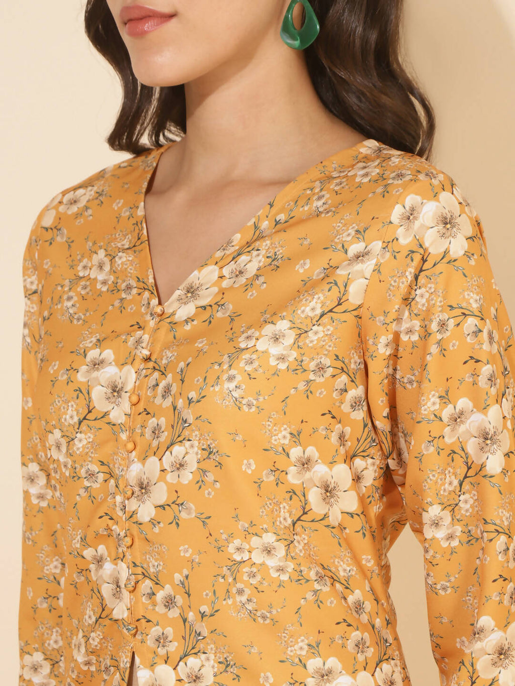 Janasya Women's Mustard Moss Floral Printed Casual Front Slit Co-ords | Grocsy